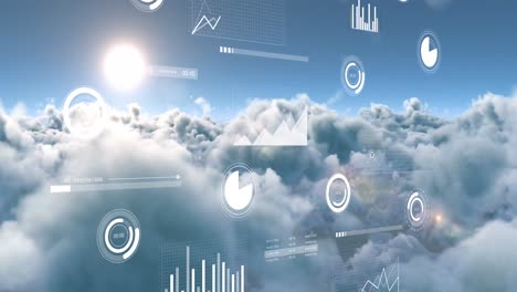 animation of multiple graphs, loading circles and bars over aerial view of dense clouds and sun