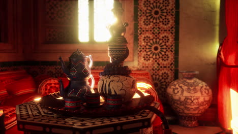 moroccan interior design with teapot, teacups and hookah