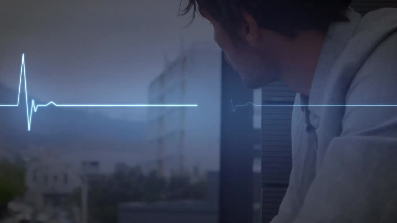 발코니에 서 있는 사려 깊은 백인 젊은이 위에 파란 심장 박동 라인의 애니메이션