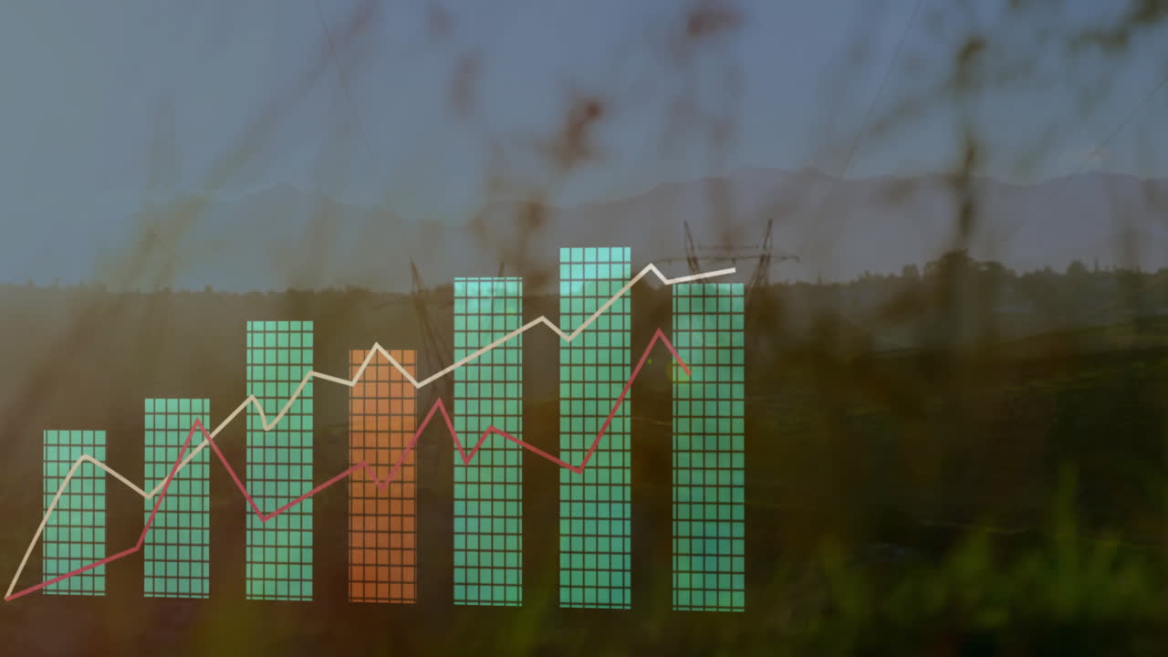 faded bar chart being overlaid on rural field, showing green and orange blocks and line graphs