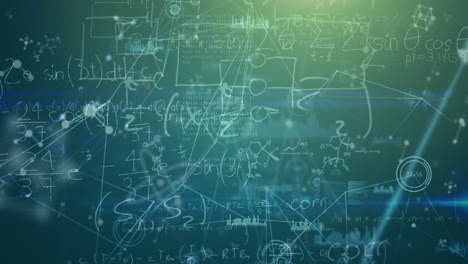 Animation-of-connected-dots-over-mathematical-equations-and-diagrams-against-nucleotides