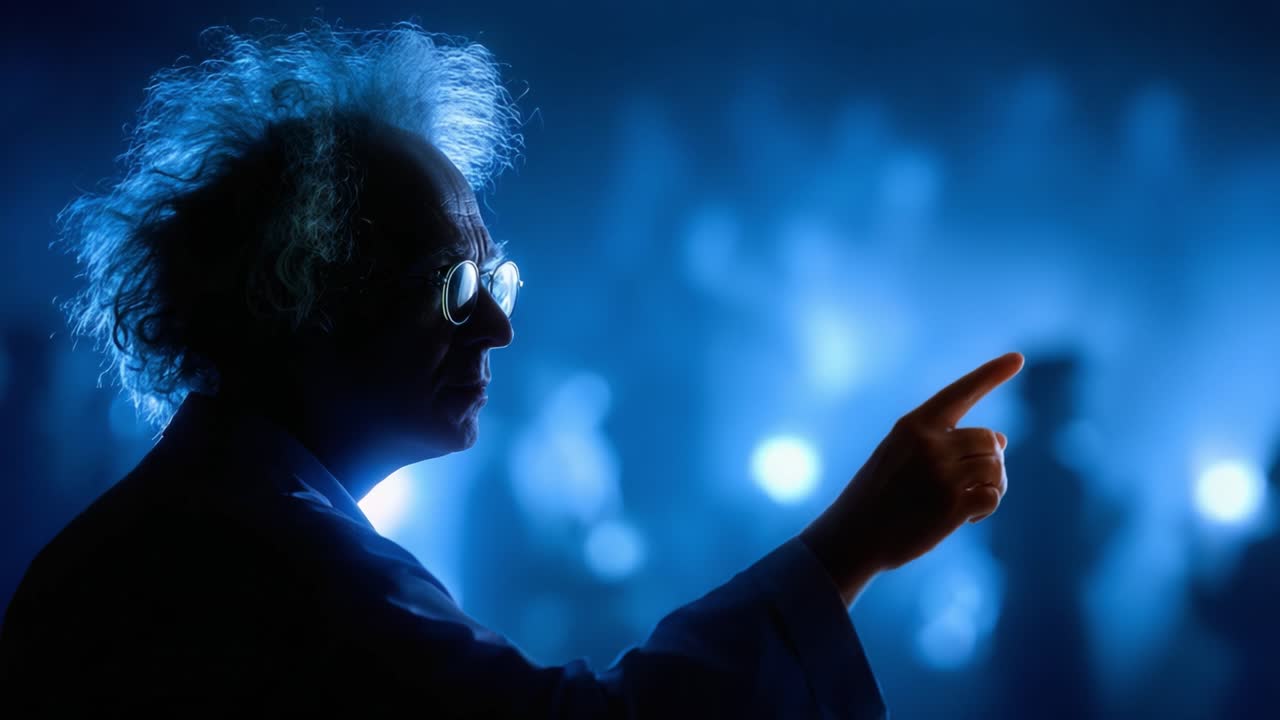 Una figura pensierosa con capelli selvaggi gesticola intensamente, circondata da un'atmosfera illuminata di blu, evocando un senso di creatività e profonda contemplazione in una scena accattivante.