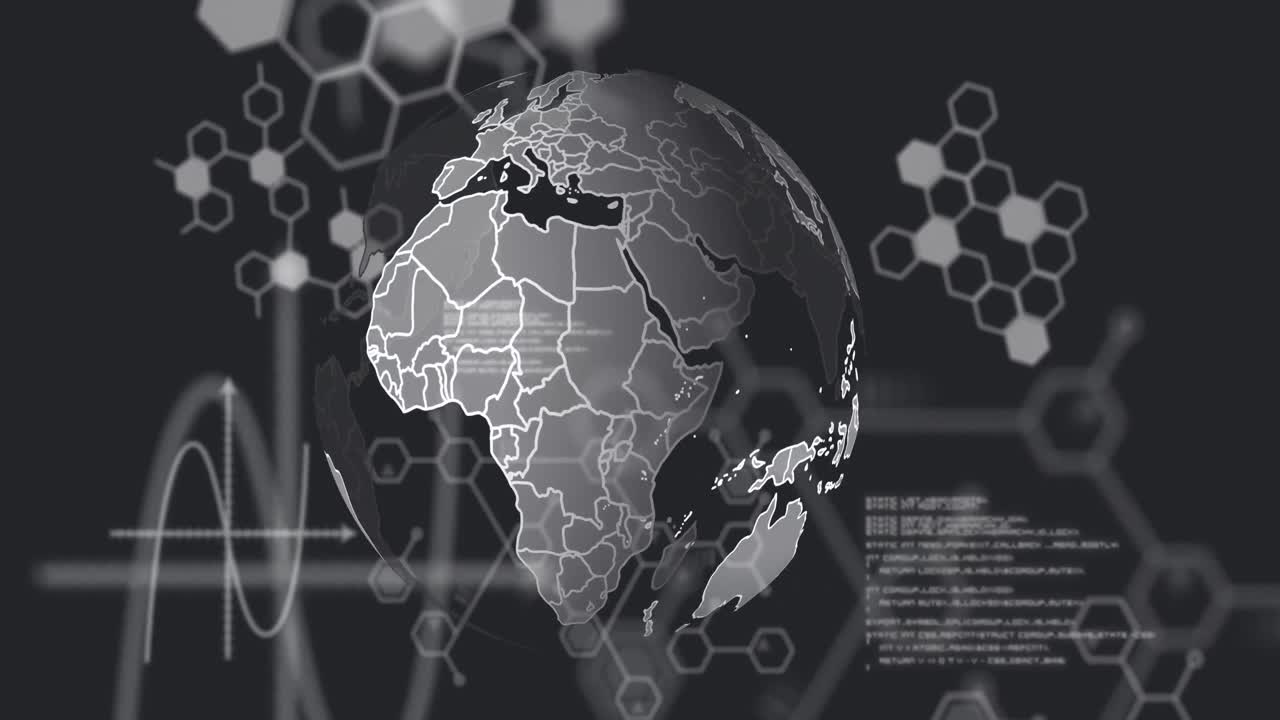 animación de globo con procesamiento de datos sobre moléculas en fondo negro