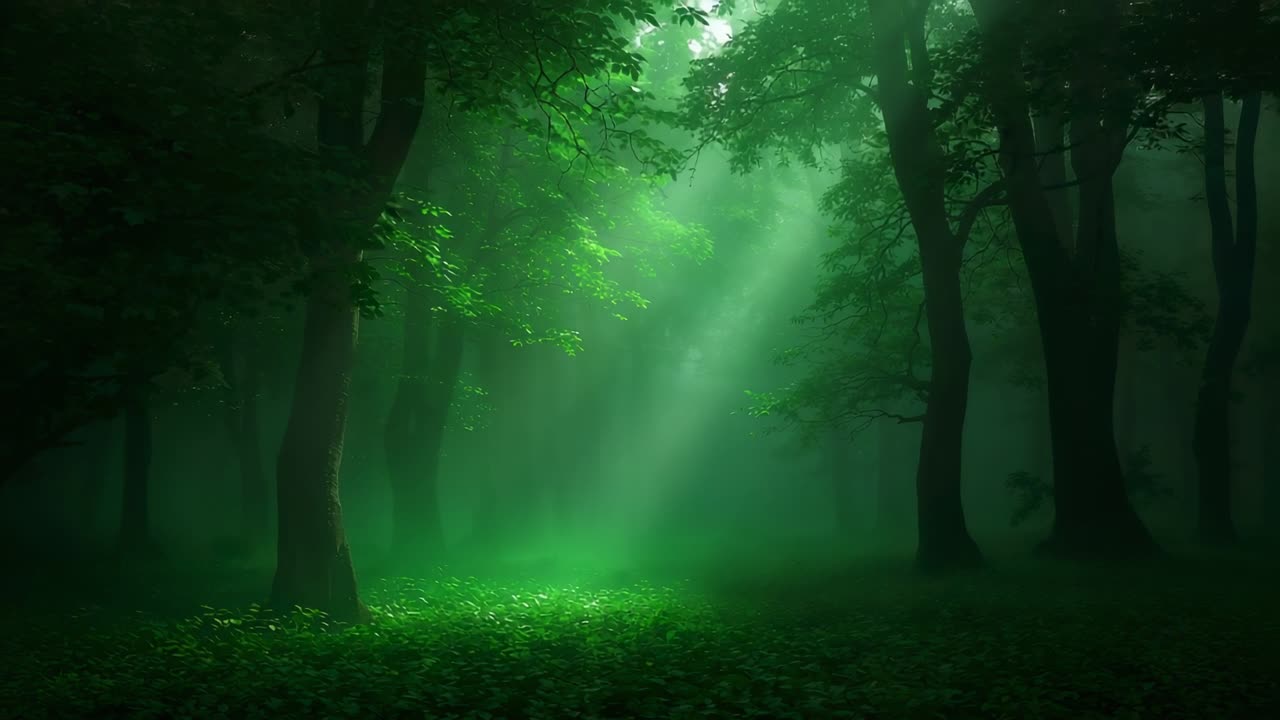 Shifting sunlight revealing central sunbeam illuminating forest clearing through mist and trunks