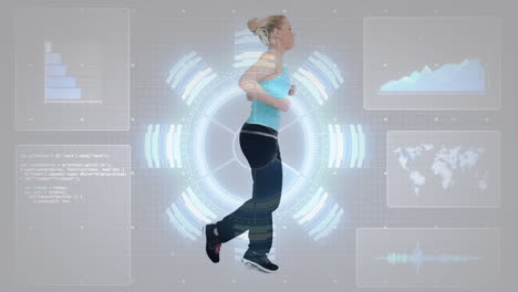 jumping woman exercising over fitness data and graphs animation