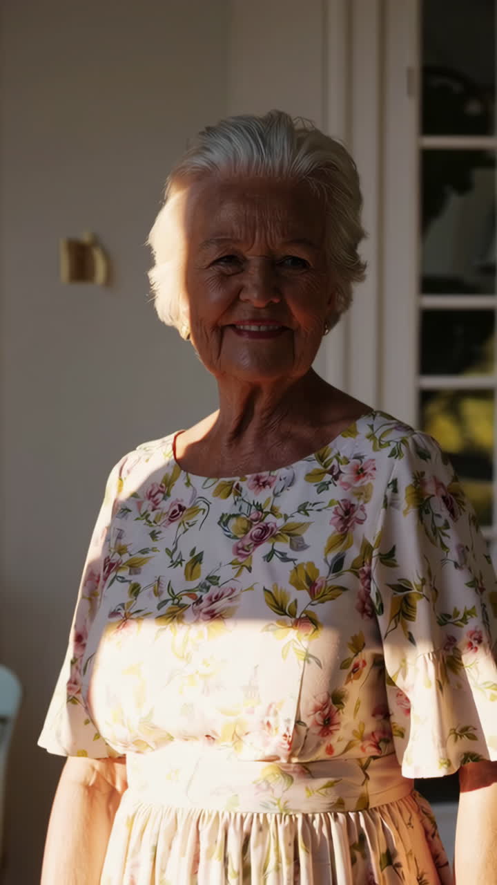 Smiling Senior Woman in Floral Dress
