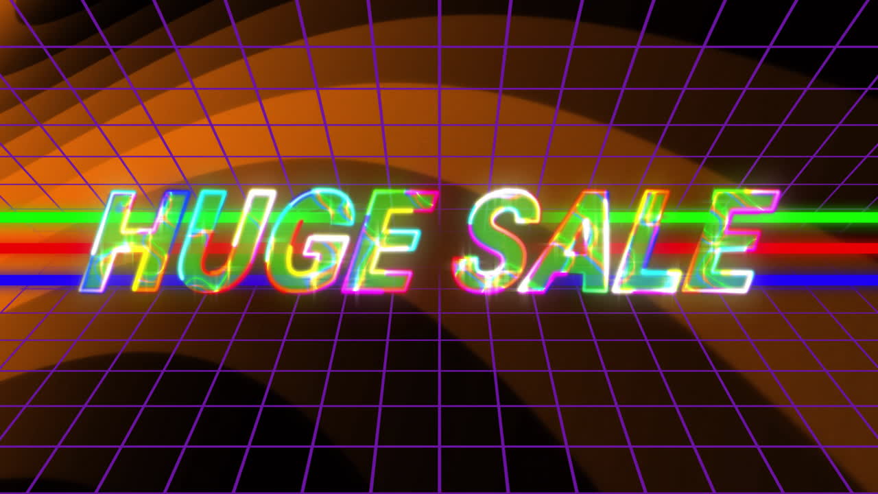 Neon colors with Huge Sale text over retro grid background animation
