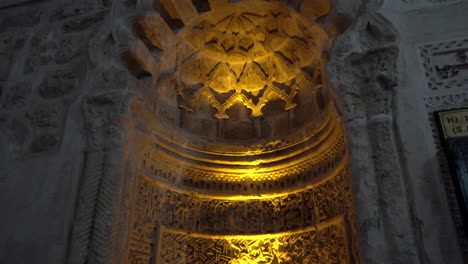 From-the-bottom-up,-the-camera-shows-the-magnificent-stonemasonry-of-the-altar-of-hell,-one-of-the-two-altars-in-the-Tomb-of-Siti-Radviyye