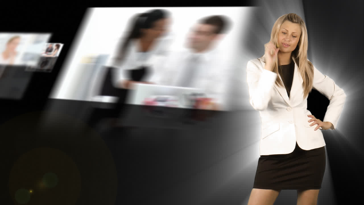 блондинка-бизнесменка, представляющая командную работу.