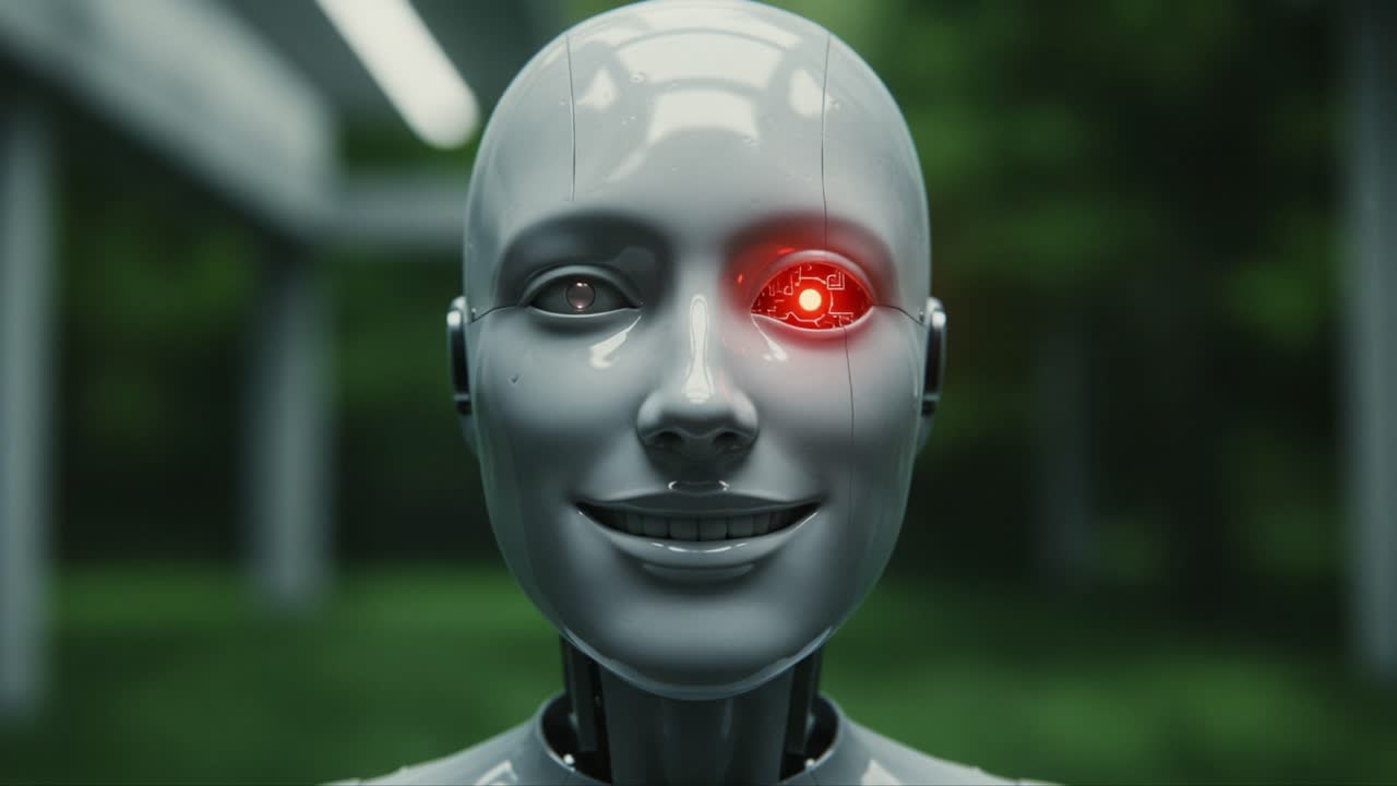 Futuristic Robotic Head with a Glowing Eye: A Close-Up Exploration of Advanced AI Technology and Humanlike Design in a Lush Green Environment