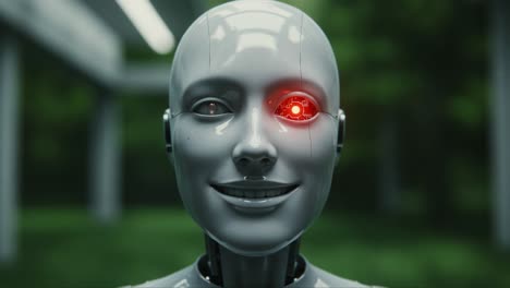 futuristic robotic head with a glowing eye: a close-up exploration of advanced ai technology and humanlike design in a lush green environment