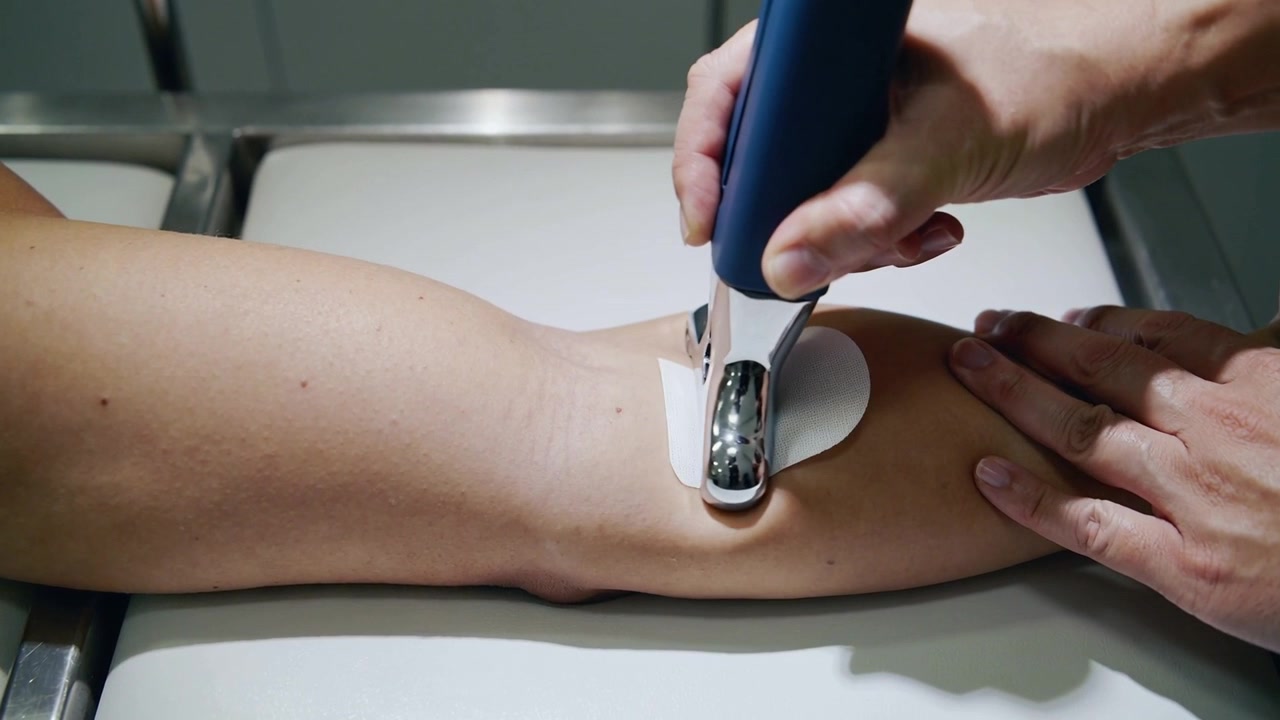 Approaching casual-sleeved clinician gliding blue applicator over electrode pad on forearm for care