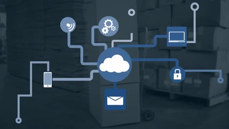Animation-of-network-with-icons-and-cloud-and-data-processing-over-boxes-in-warehouse