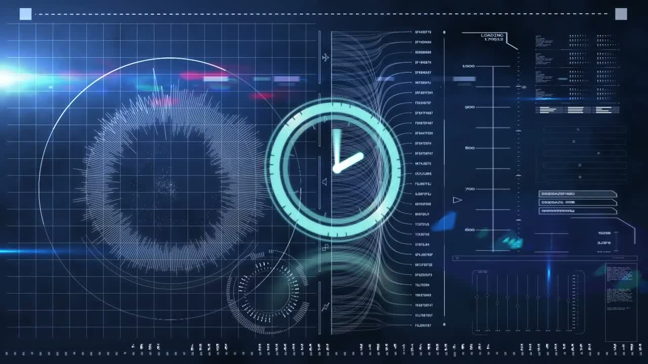 어두운 배경에 디지털 인터페이스를 통해 시계의 애니메이션