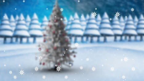 animation of snow falling in winter landscape with christmas tree seen through window