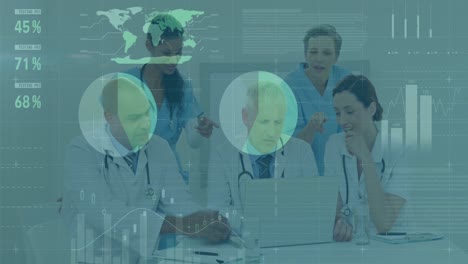 animation of graphs and data over happy diverse female and male doctors with laptop