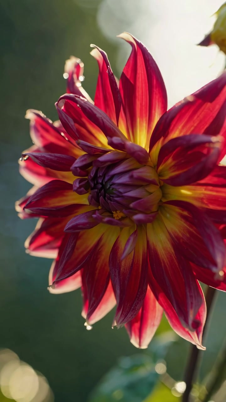 Tampak Dekat Bunga Dahlia Merah dan Kuning Cerah di Bawah Sinar Matahari