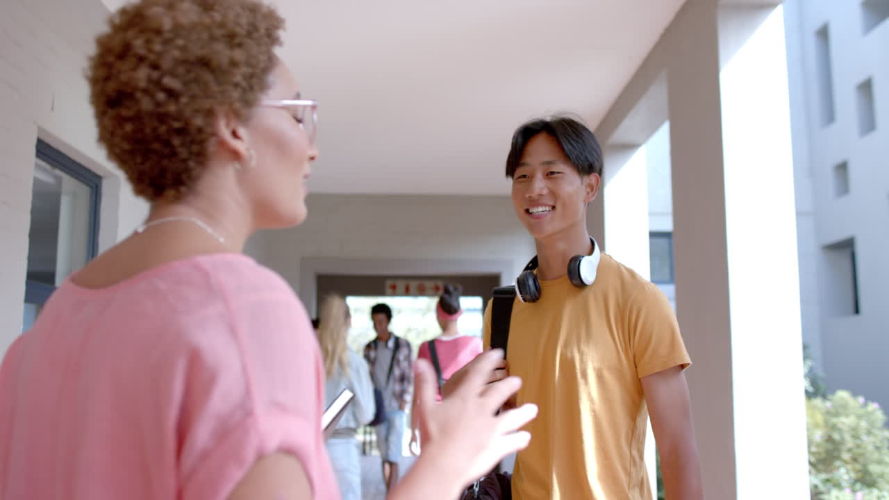 Talking with friend, teenage students socializing in high school hallway