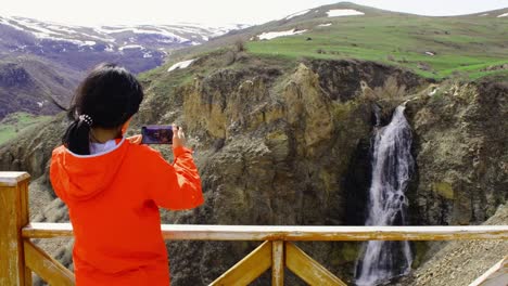 caucasians young woman traveler influencer take panoramic photo for social media on travel in turkey