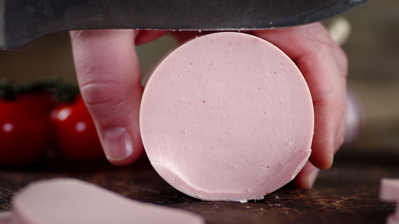 Male hand with a knife cut boiled sausage into round pieces.