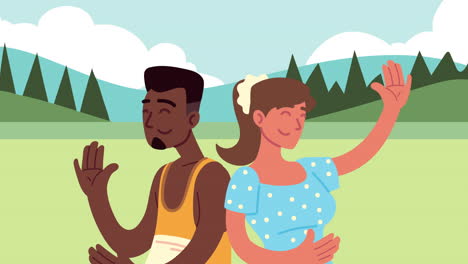 personajes de parejas interraciales en la animación del campamento