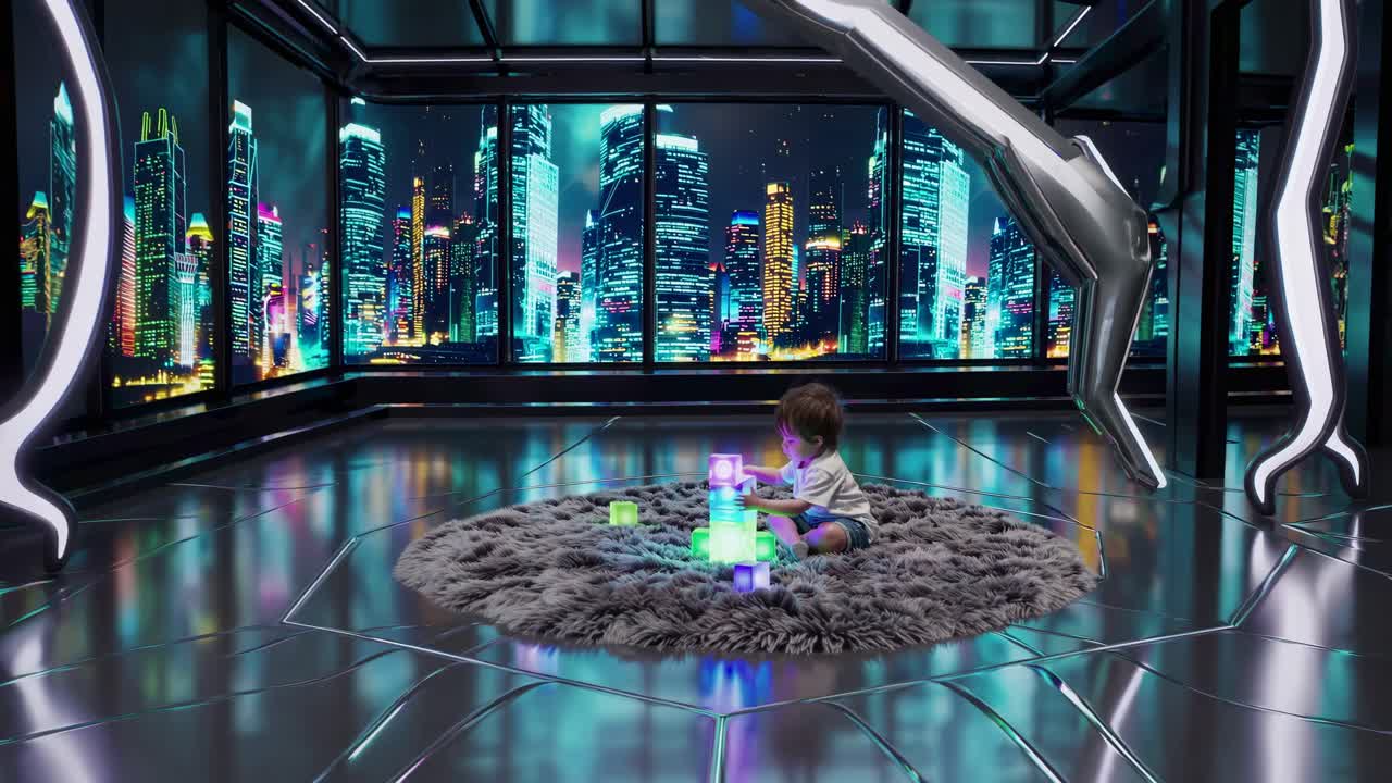 Toddler playing with light-up blocks in a futuristic room with a city view