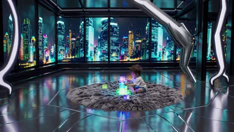 toddler playing with light-up blocks in a futuristic room with a city view