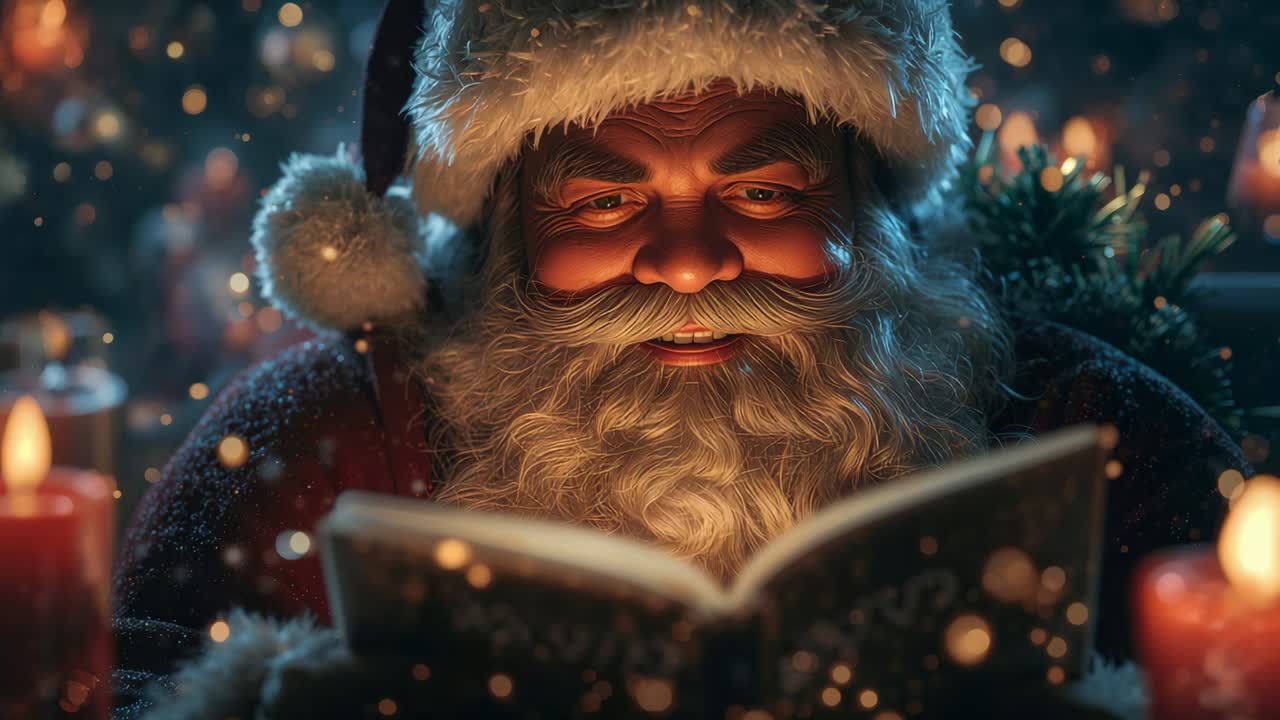 Lifting storybook Santa Claus narrating holiday tale in candlelit corner, glowing tree lights