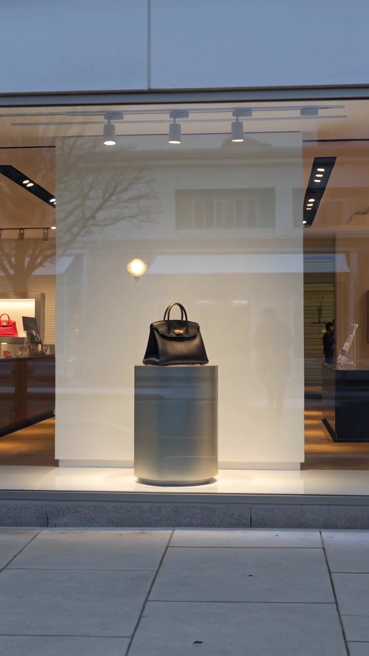 Video verticale: Telecamera in movimento che mostra una borsa nera su piedistallo in vetrina, con riflessi che si muovono.