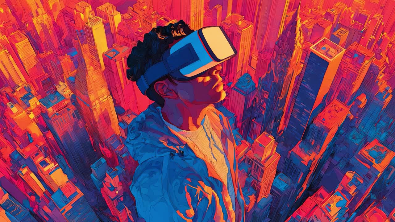 A Virtual Reality Experience: Exploring a Vibrant Cityscape from Above with a User Immersed in Cutting-Edge Technology, Highlighting the Contrast Between Urban Life and Digital Exploration