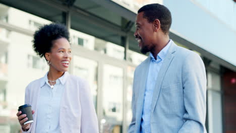 black woman, businessman and walk in city
