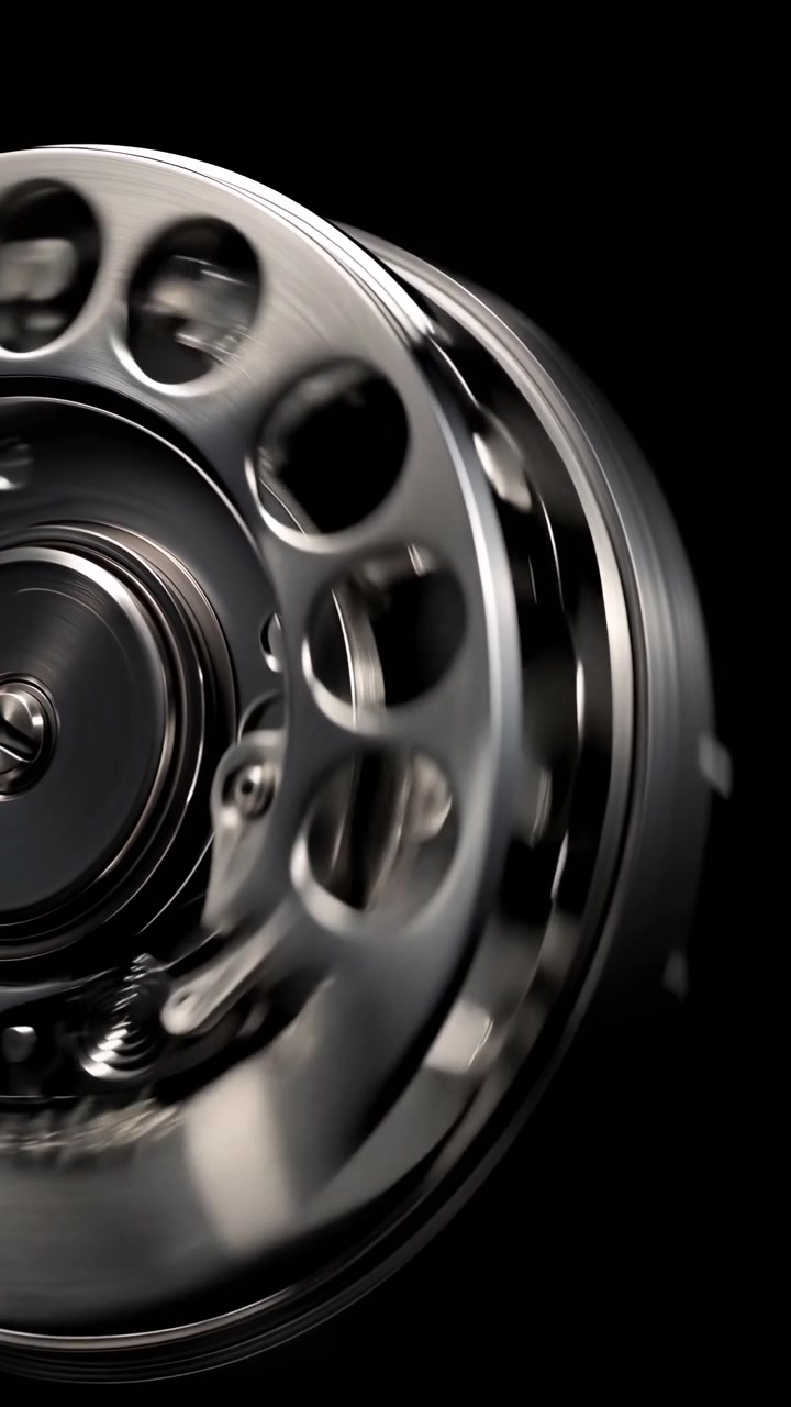 Reflekterende metallhjul spinner på en svart bakgrunn, som avslører sirkulære åpninger, polerte overflater, skiftende lysrefleksjoner og kontinuerlig rotasjonsbevegelse med høy kontrastkomposisjon.