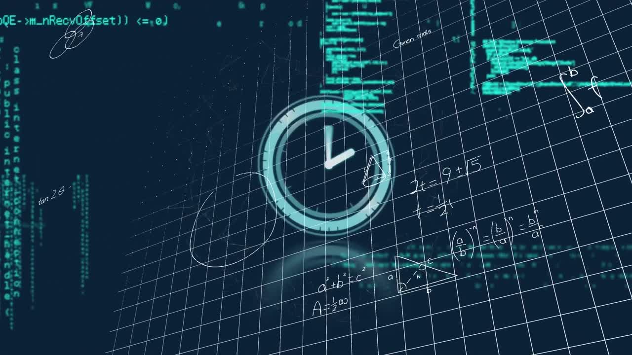 animación de reloj sobre datos y fórmulas matemáticas en fondo naval