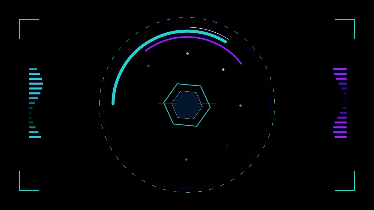 Futuristic Digital HUD Interface with Rotating Hexagon and Data Visualization