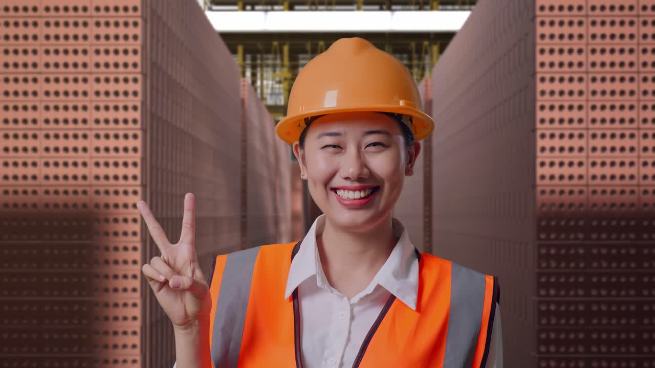 Close Up Of Asian Female Engineer With Safety Helmet Smiling And Showing Peace Gesture While Standing With Red Brick Packed in Stacks Are Stored