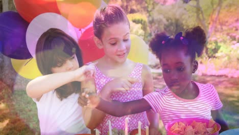 animation of falling spots of lights over happy diverse children