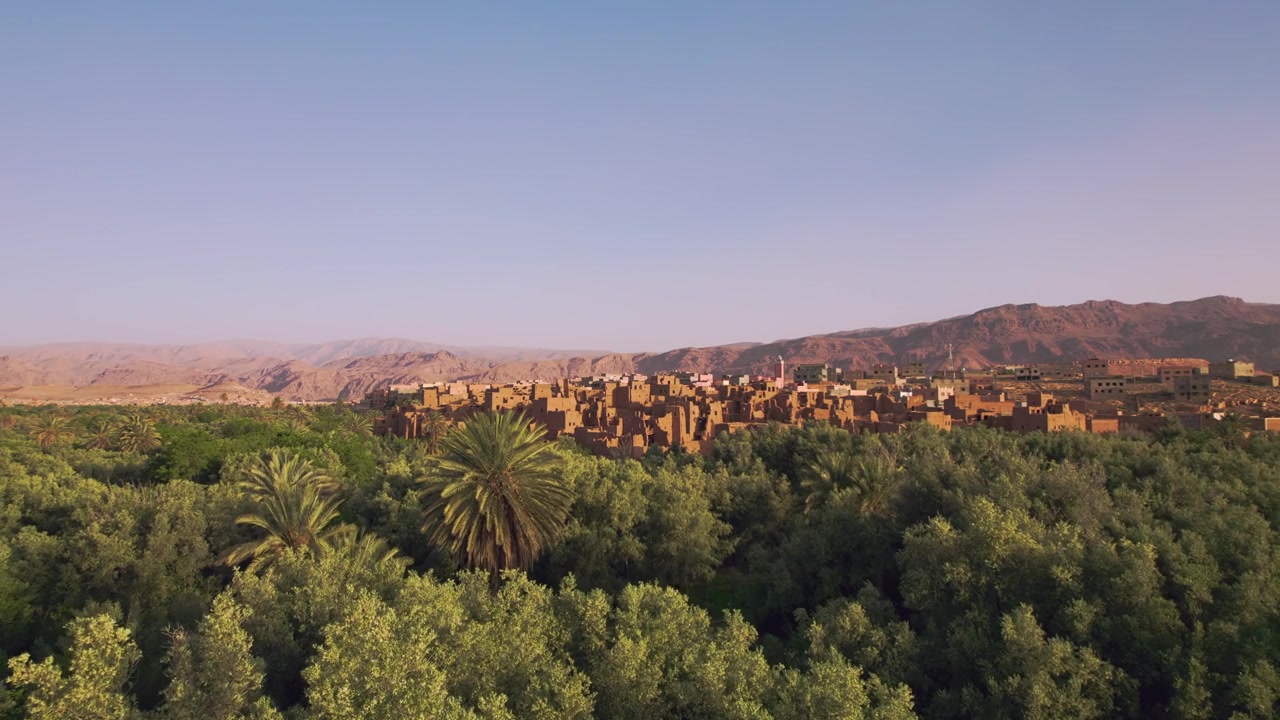 Oasi di Tinghir in Draa-Tafilalet, Marocco, circondata da palmeti di datteri, insediamenti ksar in terra e aride colline pedemontane dell'Alto Atlante vicino alla Valle del Todgha, ripresa aerea panoramica introduttiva.