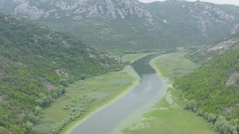 Drohne-Fliegt-über-Den-Skadarsee-Zwischen-Grünen-Hügeln-Und-Bergen,-Montenegro-Podgoricia