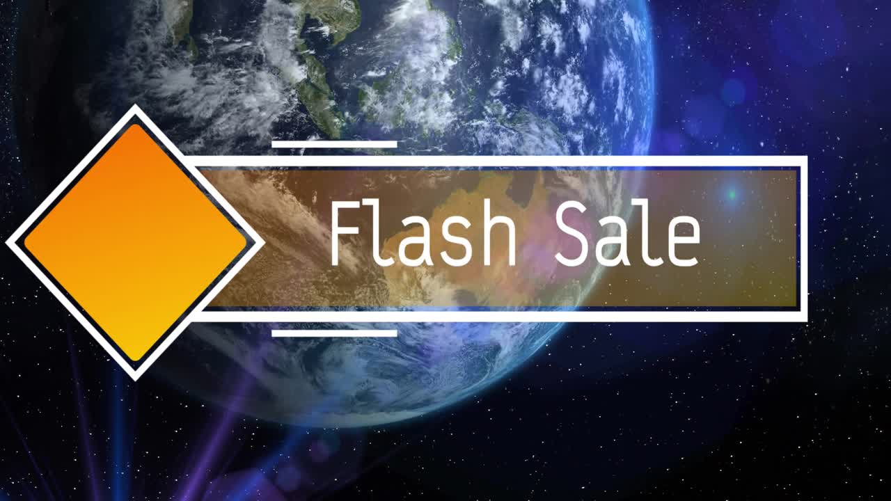 animación del texto de venta instantánea en el banner y la forma de diamante amarillo sobre la tierra y el universo