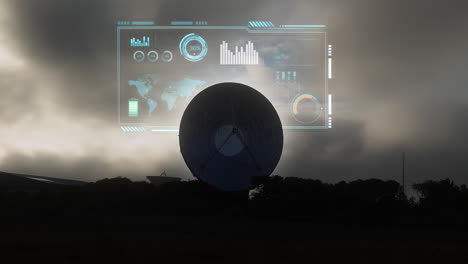 Daten-Hud-Auf-Silhouette-Satellitenschüssel,-Zeitraffer-Wolkenhintergrund---3D-Animation