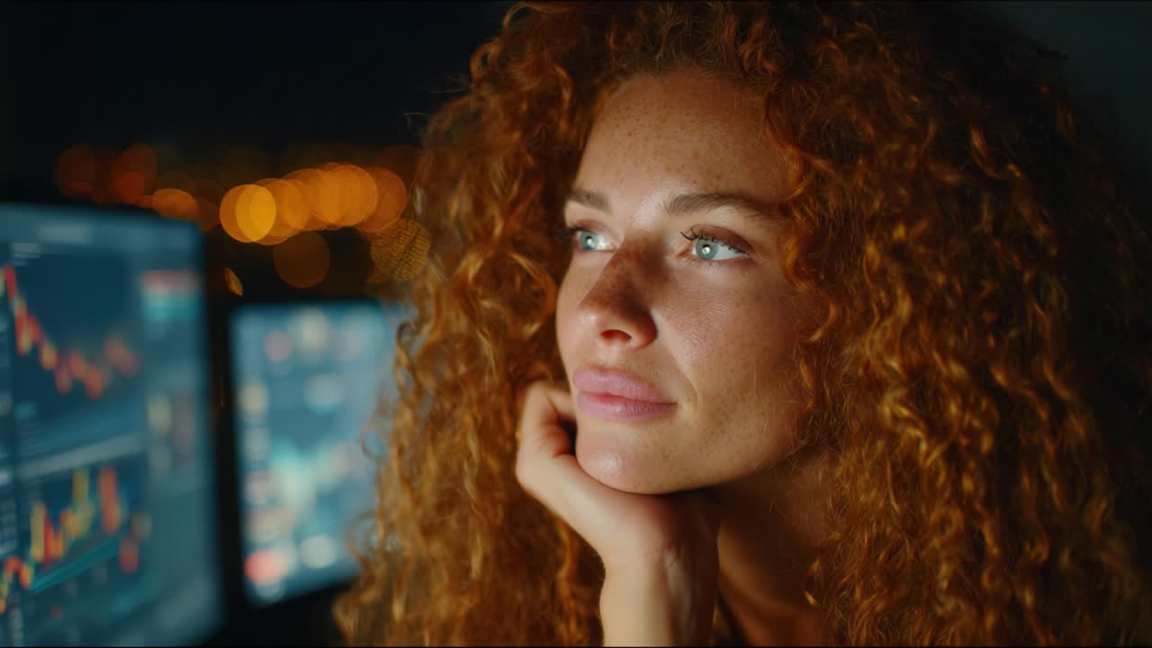 A thoughtful young woman with curly hair gazes into the distance, reflecting on her thoughts while surrounded by glowing computer screens displaying financial data