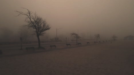 a warm mist covering a cold beach morning in october