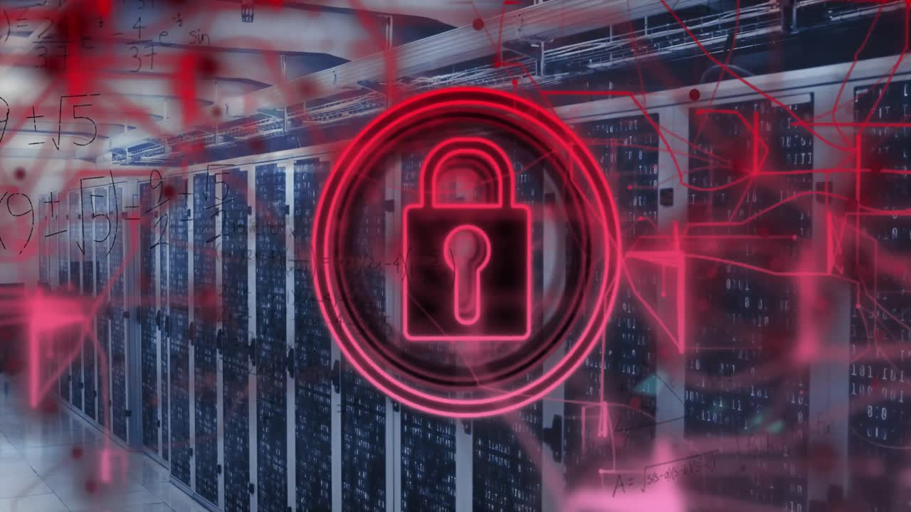 animación del icono del candado de seguridad y ecuaciones matemáticas contra la sala del servidor de la computadora.