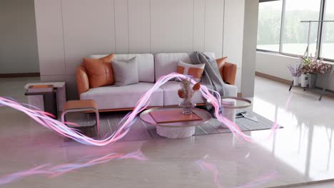 animación de una corriente de energía brillante vibrante que fluye en la sala de estar apartamento casa inteligente moderna