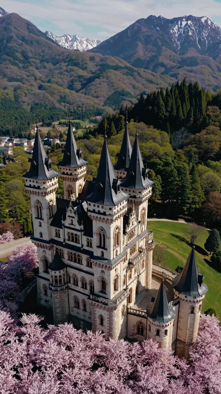 Un video aereo cattura un castello da favola circondato da fiori di ciliegio, con maestose montagne.