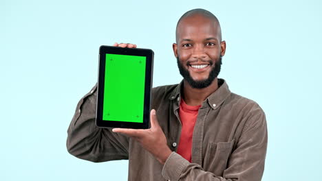 happy black man, tablet and green screen