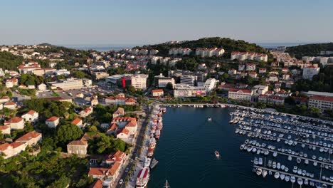 port gruz dubrovnik croatia drone aerial view of the city port harbour town evening dusk balkan country on the adriatic sea franjo tuđman bridge