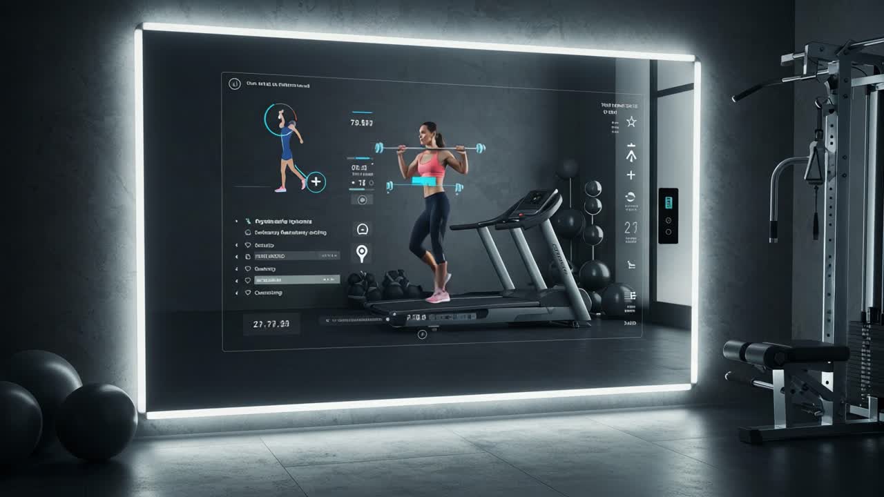 High-Tech Fitness Environment Features Interactive Display and Smart Equipment for Enhanced Workout Experience and Performance Tracking