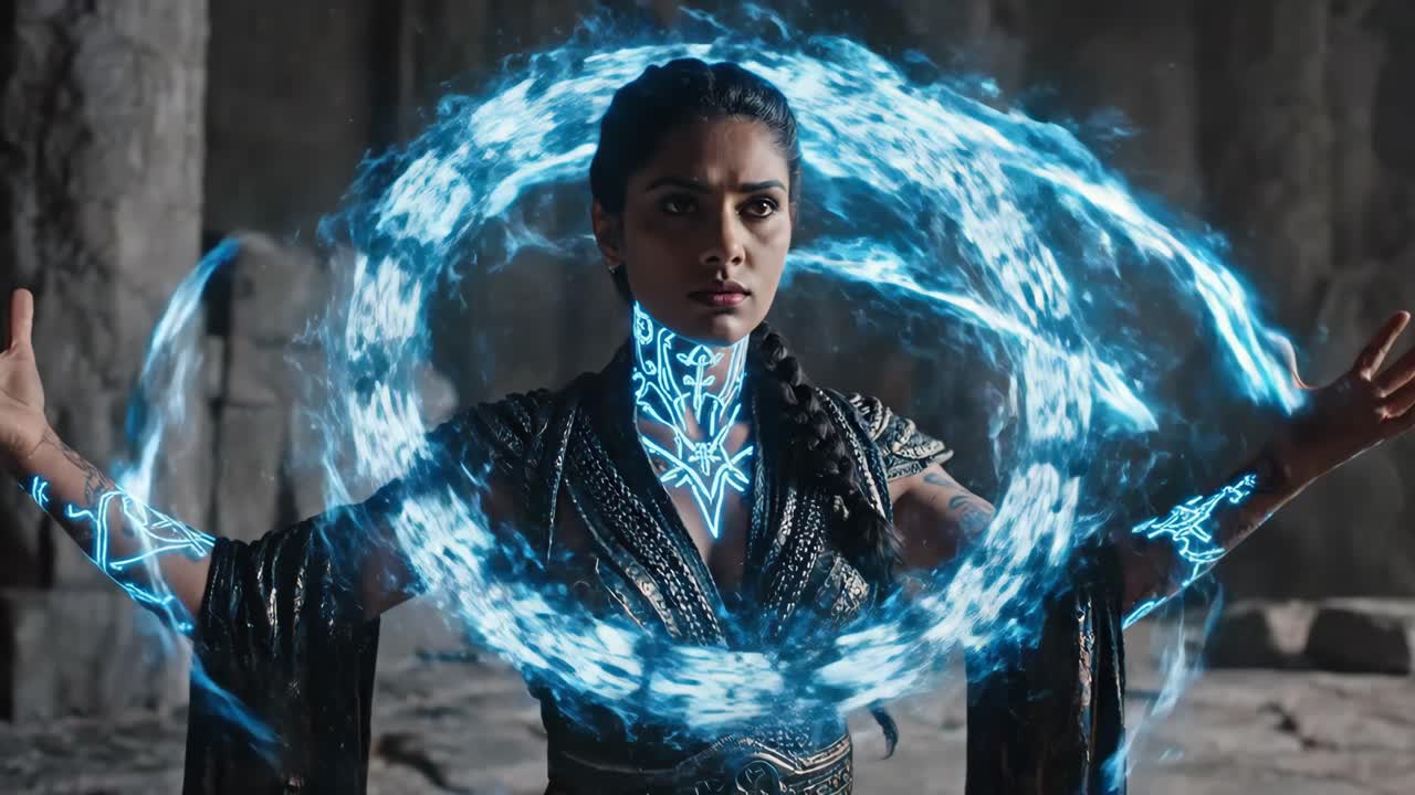 A powerful sorceress wielding magical runes