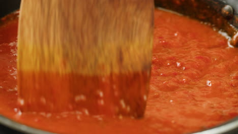 chicken in tomato sauce is boiling on a frying pan with spices. cooking tomato sauce curry with chicken fillet. traditional italian mexican asian dish. high quality studio shot for cafe, restaurant close up.